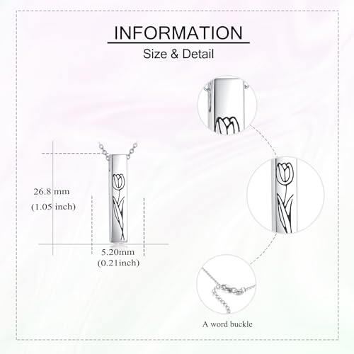 Cremation Urn Necklaces for Ashes Sterling Silver 3D Vertical Bar Memorial Pendant for Loved Ones Keepsake Cremation Jewelry Gifts for Women Men - style: Tulip