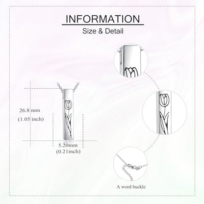 Cremation Urn Necklaces for Ashes Sterling Silver 3D Vertical Bar Memorial Pendant for Loved Ones Keepsake Cremation Jewelry Gifts for Women Men - style: Tulip
