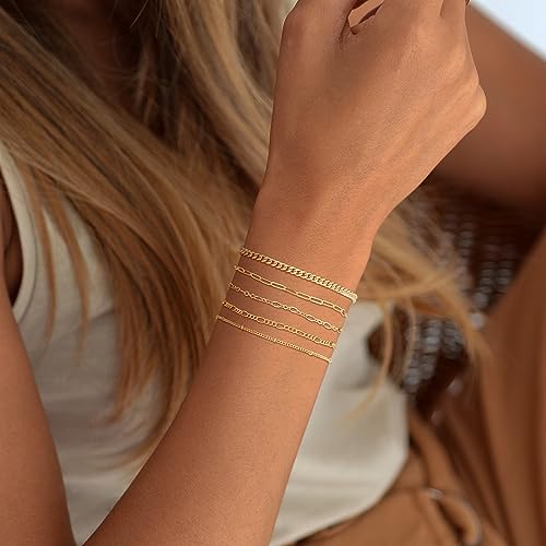 DEARMAY Gold Bracelets for Women Waterproof, 14K Gold Plated Stackable Jewelry Sets Non Tarnish Trendy Thin Dainty Cuban Link Paperclip Chain Bracelet Stack Fashion Accessories Gifts for Womens - style: 5Pcs BRACELET G