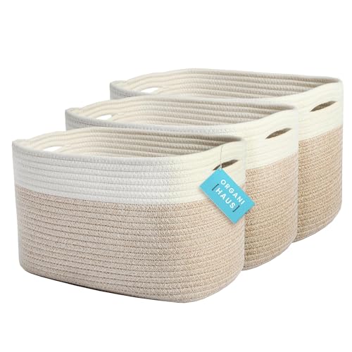 Light Honey Cotton Rope Baskets for Shelves, Set of 3-15"×10"×9½" - Woven Storage Baskets for Organizing - Closet, Nursery, Bedroom, Playroom - Toys, Books, Towels, Clothes - color: Mixed Honey
