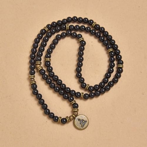 108 Mala Beads Bracelet Necklace with Yoga Symbol Buddha Charm – Gold-Plated Meditation Jewelry, Healing Stone, Ideal Spiritual Gift for Yoga & Meditation - style: Black Agate