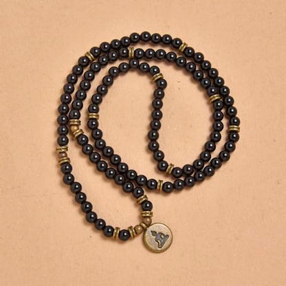 108 Mala Beads Bracelet Necklace with Yoga Symbol Buddha Charm – Gold-Plated Meditation Jewelry, Healing Stone, Ideal Spiritual Gift for Yoga & Meditation - style: Black Agate