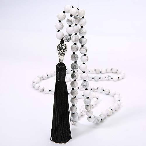 108 Mala Beads Necklace Semi-Precious Gem Stones Meditation Necklace 108 Hand Knotted Japa Mala Beaded Tassel Necklace with Tree of Life Pendant - color: Natural White Howlite（Black Tassel）