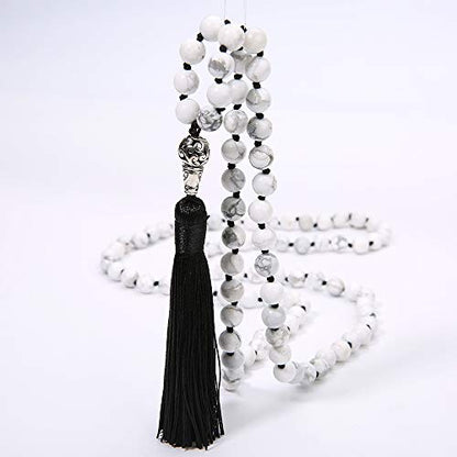 108 Mala Beads Necklace Semi-Precious Gem Stones Meditation Necklace 108 Hand Knotted Japa Mala Beaded Tassel Necklace with Tree of Life Pendant - color: Natural White Howlite（Black Tassel）