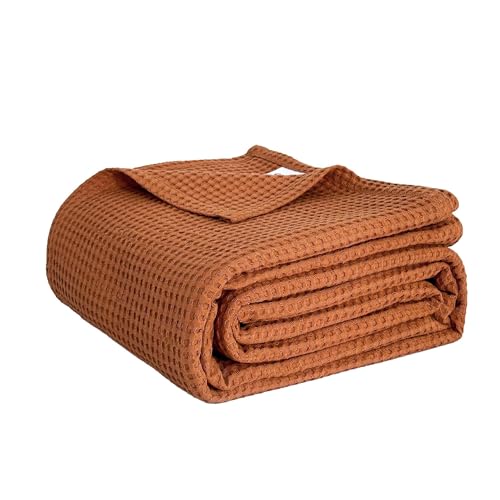 100% Cotton Waffle Weave Blanket Queen Size, Soft Lightweight Breathable Cozy Blankets for Bed Couch Home Décor All-Season Use (Caramel, 90"x90") - color: Caramel, size: Queen (90"x90")