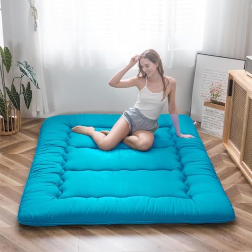 MAXYOYO Japanese Floor Mattress Futon Mattress, Thicken Tatami Mat Sleeping Pad Foldable Roll Up Mattress Boys Girls Dormitory Mattress Pad Kids Floor Lounger Couches and Sofas, Turquoise, King - color: Turquoise, size: King