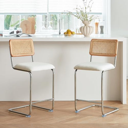 Natural Rattan Counter Height Stools Set of 4 with Solid Wood Back, 24 Inch Mid Century Modern Cesca Bar Stools, White Upholstery Boho Stool for Kitchen Counter with Chrome Metal Legs - color: White, size: 4PCS-24'' Counter Height Stool