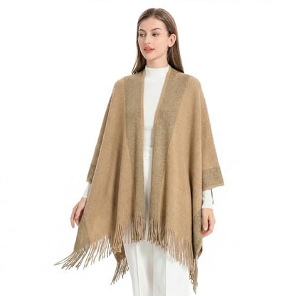 ZLYC Women's Shawl Golden Trim Knit Blanket Wrap Fringe Poncho Coat Cardigan - color: Camel
