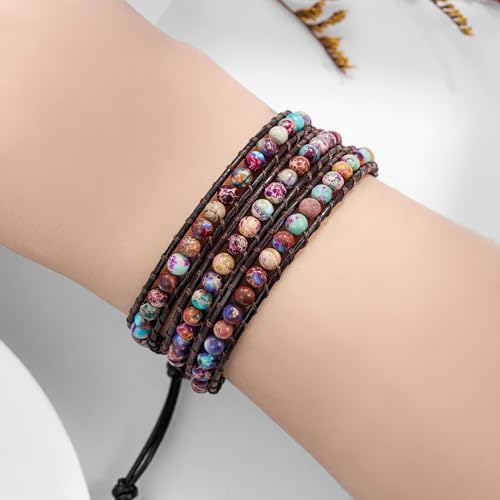 Women Boho Handmade Natural Stone Crystal Leather Bead Wrap Bracelets Collection - style: 4mm Purple Blue Jasper