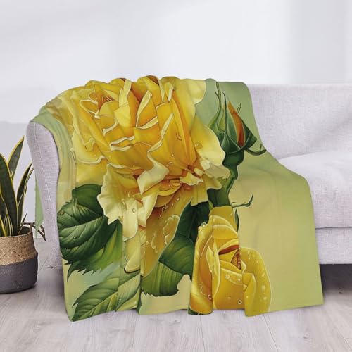 Flannel Throw Blanket 50x40 Inch, Yellow Rose Prints Anti-Pilling Warm Fuzzy Blankets for Bed Sofa Couch Travel - color: Yellow Rose, size: 50x40 Inch