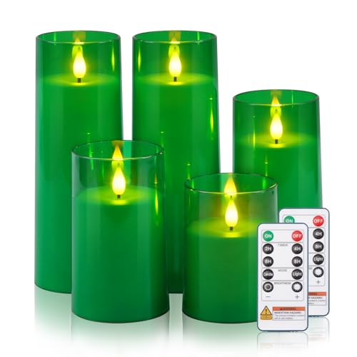 Raycare St. Patrick's Day Flameless Candles Battery Operated with Remote Timer, Acrylic Flickering LED Pillar Candle for Christmas Decoration, Home Decor, Gift for Family and Friend, Green, Set of 5 - color: Green-5pcs