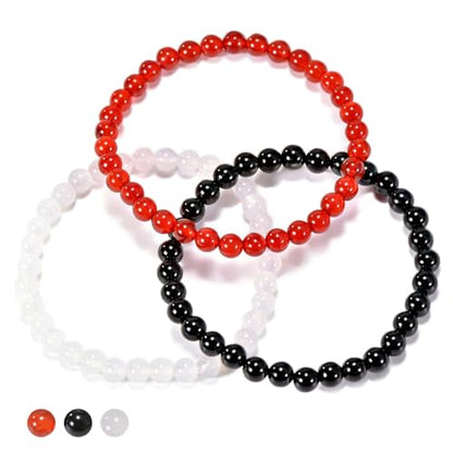 3PCS Agate Bracelet for Women Men Natural Round Beaded Agates Stone Healing Stretch Bracelets Elastic Handmade Polished Gemstone Beads Bracelet - color: Black+Red+White