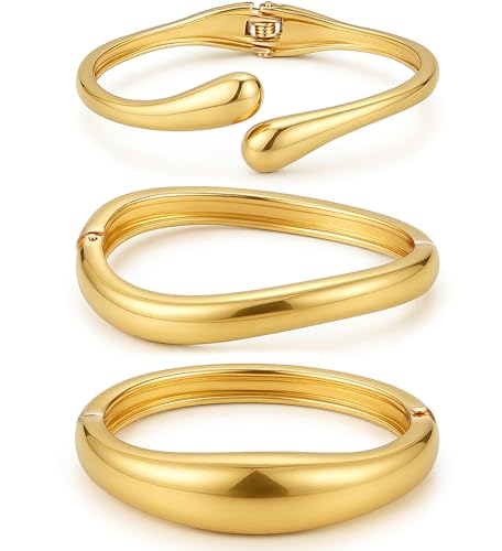 Chunky Gold Bangle Bracelets for Women, Dainty 14k Gold Plated Big Stackable Bangles Set, Trendy Statement Cuff Bracelet Stack Fashion Jewelry Gifts - style: A7-gold