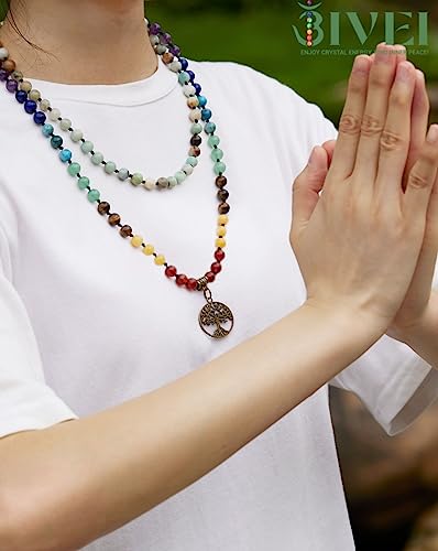 Bivei 7 Chakra 108 Mala Beads Bracelet Real Gemstone Yoga Meditation Hand Knotted Mala Prayer Bead Necklace - size: 8mm, style: Life Tree - 8mm Amazonite