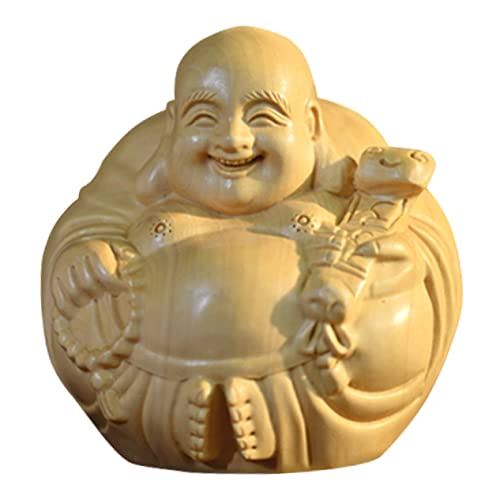 Creative Wood Carved Maitreya Buddha Decor Compact Wooden Ornament for Indoor Zen Decoration Unique Craft for Home and Office Spaces - color: Khaki
