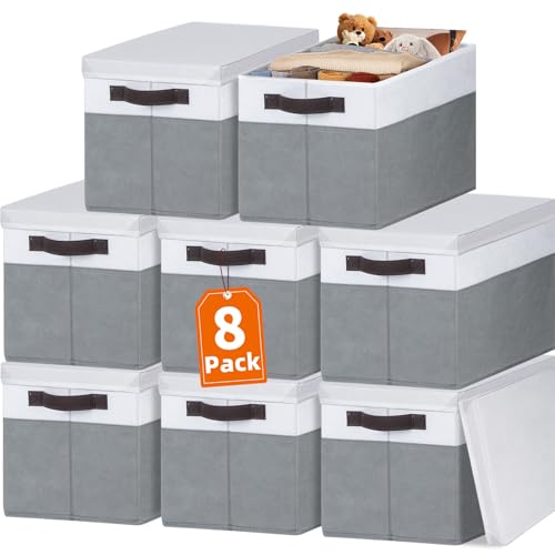 8 Pack Closet Storage Bins with Lids - Stackable Storage Baskets for Organizing Clothes Toys Blankets - Odorless for Baby Nursery Organization and Storage Boxes Totes for Bedroom Dorm Room - color: White with Grey, size: 8pcs-Large