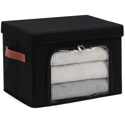 Large Storage Bins Boxes with Lids Clear Window Zipper Closure Decorative Cotton Linen Fabric Baskets with PU Leather Handles PP Board Collapsible Clothes Shelf Closet Organizer (Black) - color: Black, size: Large ( Pack of 1 )
