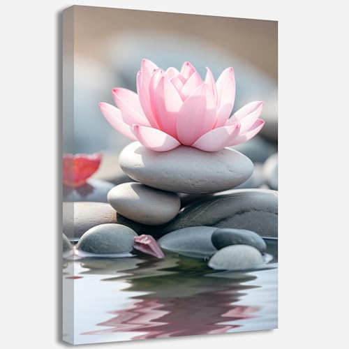 QIXIANG Pink Lotus Flower Canvas Wall Art Zen Stone and Pink Floral Meditation Painting for Serene Home Zen Enthusiasts Home Framed(Lotus-E,20.00" x 30.00") - color: Lotus-E, size: 20"L x 30"W