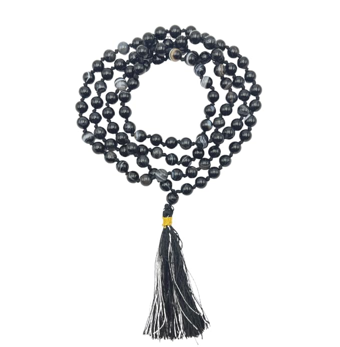 GEMSCITE Japa Mala 108 Prayer Beads Perfect for Meditation Spiritual Mala Necklace & Wrist Mala Bracelet - color: Black Banded Agate, size: Hand Knotted