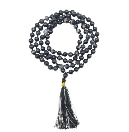 GEMSCITE Japa Mala 108 Prayer Beads Perfect for Meditation Spiritual Mala Necklace & Wrist Mala Bracelet - color: Black Banded Agate, size: Hand Knotted