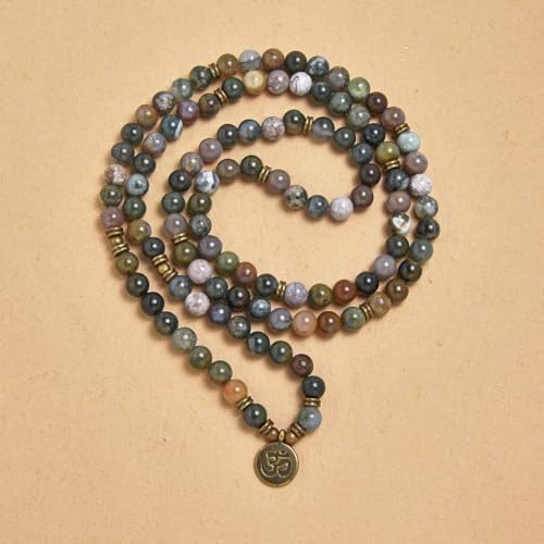 108 Natural Stone Mala Beads Yoga Jewelry Meditation Bracelet Necklace with om Charm - style: Indian Agate