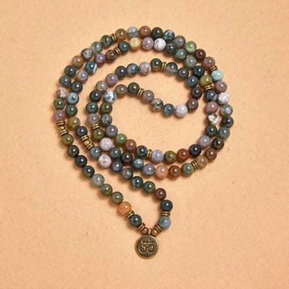 108 Natural Stone Mala Beads Yoga Jewelry Meditation Bracelet Necklace with om Charm - style: Indian Agate