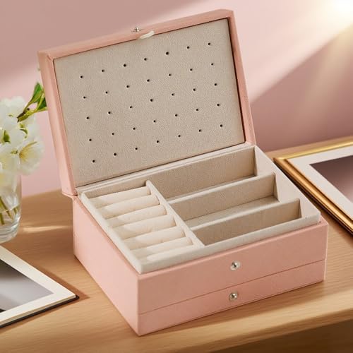 Square Three Layers Jewelry Storage Box for Women, Womens Portable Jewelry Case for Earring Necklace Ring - color: Pink