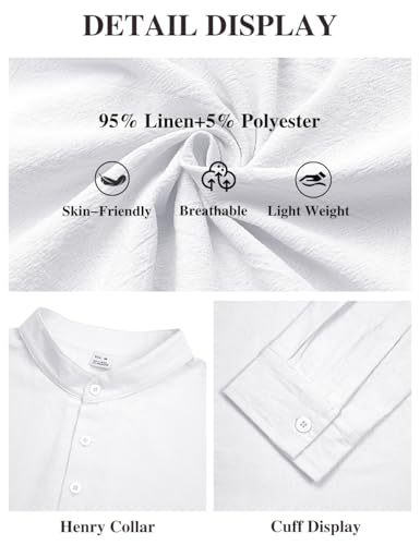 Men's Linen Shirts Henley T-Shirts Long Sleeve Casual Beach T-Shirts Solid Tops Shirts for Men - color: White, size: Large