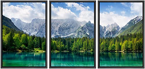 wall26 Framed Canvas Print Wall Art Set Blue Mountain with Emerald Forest & Lake Nature Wilderness Photography Realism Rustic Scenic Relax/Calm for Living Room, Bedroom, Office - 16"x24"x3 Black - color: Artwork - 13, size: 16" x 24" x 3 Panels BLACK
