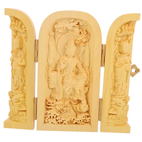 Happyyami Wood Buddha Statue Figurine Handcrafted Huangyang Wood 3-Compartment Box Home Decor for Meditation and Zen Spaces
