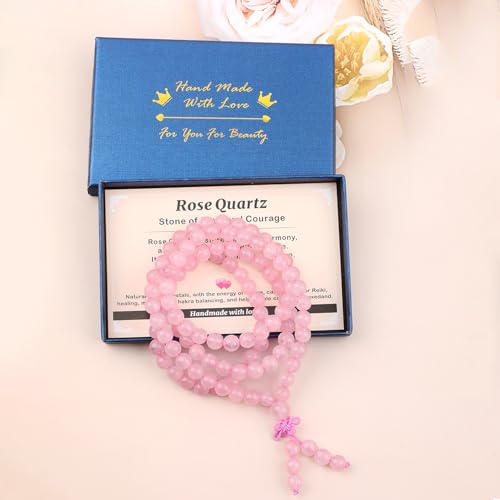 AD Beads 6mm 8mm 108 Prayer Mala Jasper Elastic Bracelet - Handmade Yoga Meditation Healing Power Energy Gifts for Unisex Adult. - color: Rose Quartz (Courage)