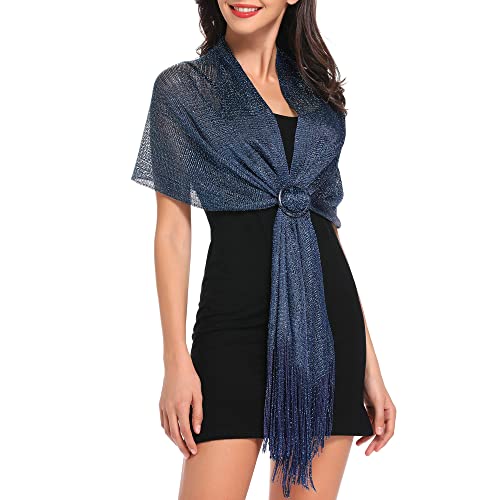 vimate Sparkling Metallic Shawls and Wraps for Evening Party/Wedding/Formal Dresses (With Free Buckle) - color: D1#. Navy Blue (With Navy Blue Buckle)