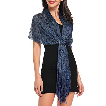 vimate Sparkling Metallic Shawls and Wraps for Evening Party/Wedding/Formal Dresses (With Free Buckle) - color: D1#. Navy Blue (With Navy Blue Buckle)