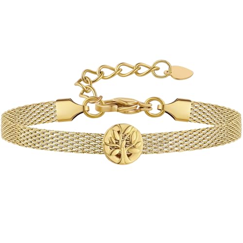 Mesh Link Gold Bracelet for Women 14K Gold Plated Clip Beads Dainty Bracelets Gift for Women - style: Gold-Tree
