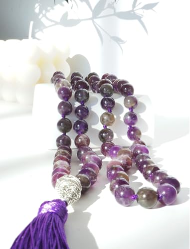 Mala Beads 108 Handmade Necklace,Natural Indian Agate Turquoise Amethyst with Alloy Guru Bead and Tassel,43.2 Inches for Prayer,Meditation,Yoga - color: Amethyst