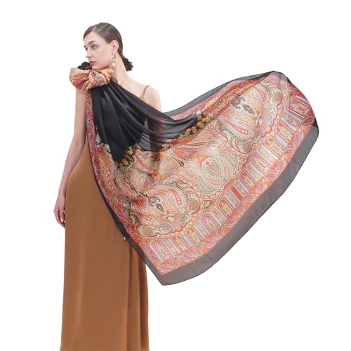 DANA XU Women's 100% Mulberry Silk Pashmina Shawl and Wraps Extra Large Floral Scarf for Evening Dresses, Soft Oversized - color: Black Red Paisley Border