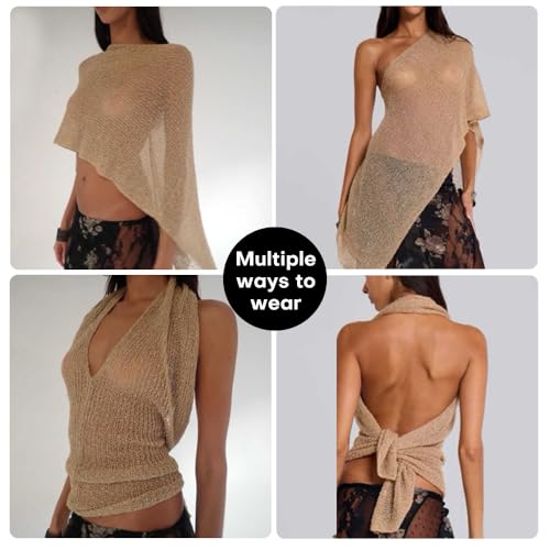 Women Sheer Poncho Top Summer Knit See Through Shrug Sweater Shawl Wrap Beach Cover Up KCSST001 - color: Camel
