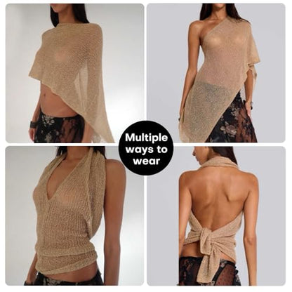 Women Sheer Poncho Top Summer Knit See Through Shrug Sweater Shawl Wrap Beach Cover Up KCSST001 - color: Camel