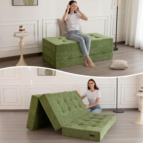 MAXYOYO 6" Folding Sofa Bed for Floor, Tufted Tri-Fold Floor Couch Bed with Chenille Fabric, Queen Size Portable Sofa Couch Guest Mat for Adults, Foldable Topper for Camping, Green, 59"x78.7" - color: Green, size: Queen