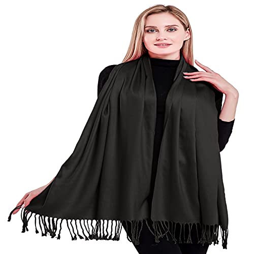 CJ Apparel Solid Color Tassels Design Nepalese Shawl Scarf Wrap Stole Throw Head Wrap Pashmina Gift Hand Made in Nepal New - color: Black