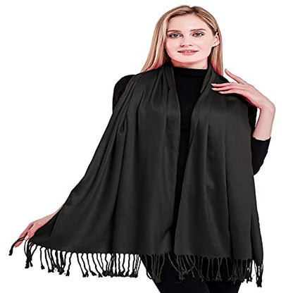 CJ Apparel Solid Color Tassels Design Nepalese Shawl Scarf Wrap Stole Throw Head Wrap Pashmina Gift Hand Made in Nepal New - color: Black