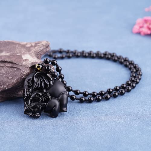 Black Obsidian Necklace Protection Pendant with Extended Bead Chain Healing Crystal Stone Amulet Necklace for Men Women - color: ElephantB