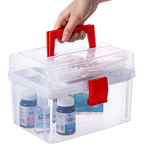 MyGift 10 Inch Premium Clear First Aid Bin with Detachable Tray and Quick Access Top Lid Flap, Portable Emergency Kit, Medical Supply Travel Tote, Medicine Storage Box Container (Red) - color: Red
