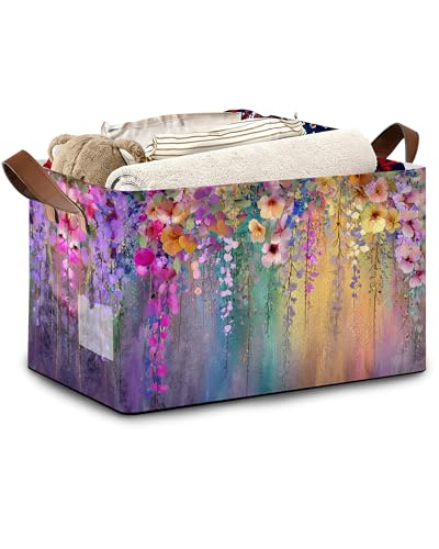 Colorful Flowers Collapsible Storage Box,Organizer Bin with Handles for Room Decoration,Bins Book Basket Box 17x11.5x10Inch - color: Colorful Flowers