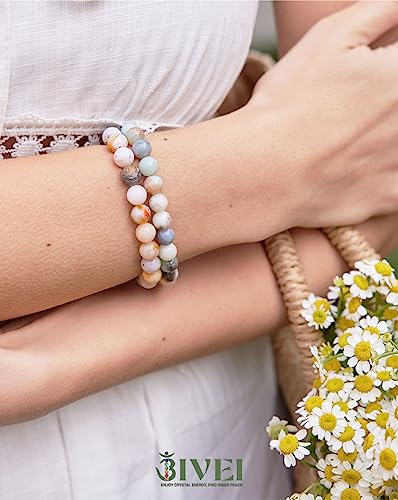 Bivei Natural Gemstone Semi Precious Healing Crystals Handmade Stretchy Round Beads Bracelet,Stocking Stuffers for Women Enhance Positive Energy - color: 8mm Bamboo Leaf Agate & Amazonite (Good Luck), size: Medium: 6.8-7.24 inch