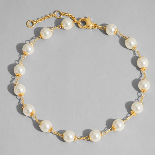 Dremmy Studios Gold Bracelet for Women 18K Gold Plated Dainty Paperclip Cubic Zirconia Disc Coin Star Cable Satellite Bead Pearl Simple Boho Minimalist Stacking Layered Link Jewelry Gift - color: Bead Pearl