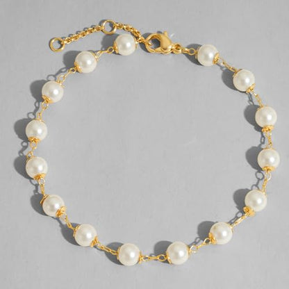 Dremmy Studios Gold Bracelet for Women 18K Gold Plated Dainty Paperclip Cubic Zirconia Disc Coin Star Cable Satellite Bead Pearl Simple Boho Minimalist Stacking Layered Link Jewelry Gift - color: Bead Pearl