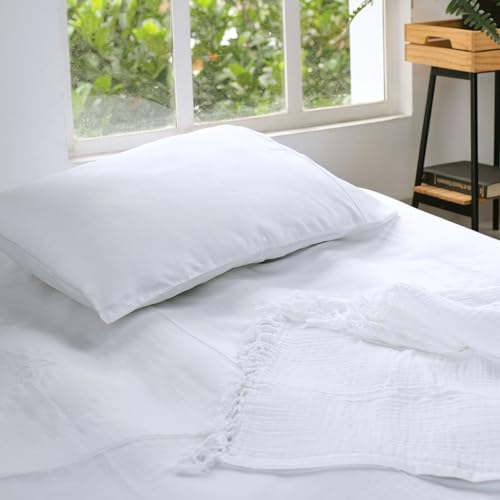 Salt Earth 100% Cotton Muslin Throw Blanket, Gauze Blanket 50"X60" Throw with Tassel 4 Layered for Couch, Bed, Living Room, Lightweight & All Season Blankets & Throws, Nature & Skin Friendly(White) - color: White, size: 50"X60" Throw