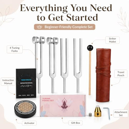 Tuning Forks for Healing Set, 128Hz 136.1Hz OM 256Hz 384Hz, Aluminum Alloy Sound Therapy Kit for Meditation, Yoga, Chakra Balancing and Reiki, Includes Mallet, Activator and Pouch