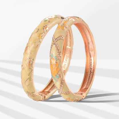 UJOY Classic Cloisonne Bracelets Enamel Jewelry Plated Bamboo Flower Cuff Metal Bangle for Women Gift Box - color: A108-2 Pcs Set-Yellow